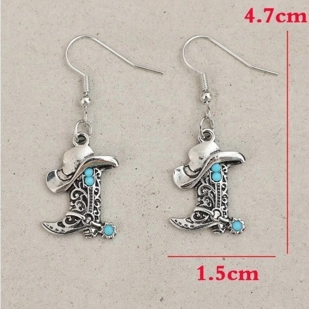 Southwest Style Turquoise Antique Silver Cowboy Boots & Hat Earrings